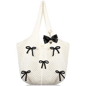 Cute Crochet Tote Beach Bag Coquette Bow Tote Bag With Bow Charm :')